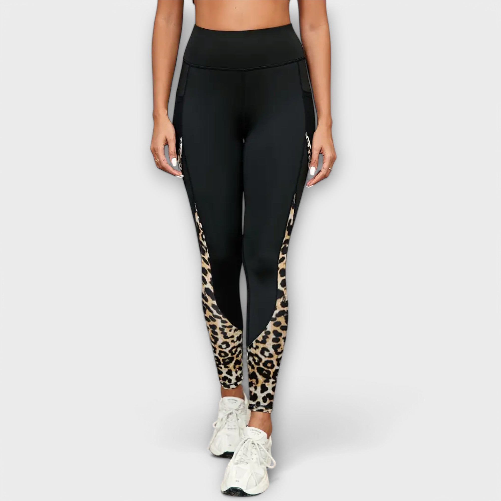 Hochtaillierte Leopard-Mesh-Trainingsleggings mit Taschen