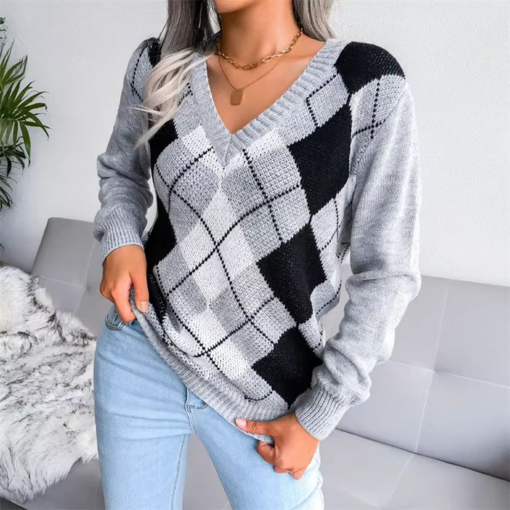 Strukturiertes V-Ausschnitt Strickpullover