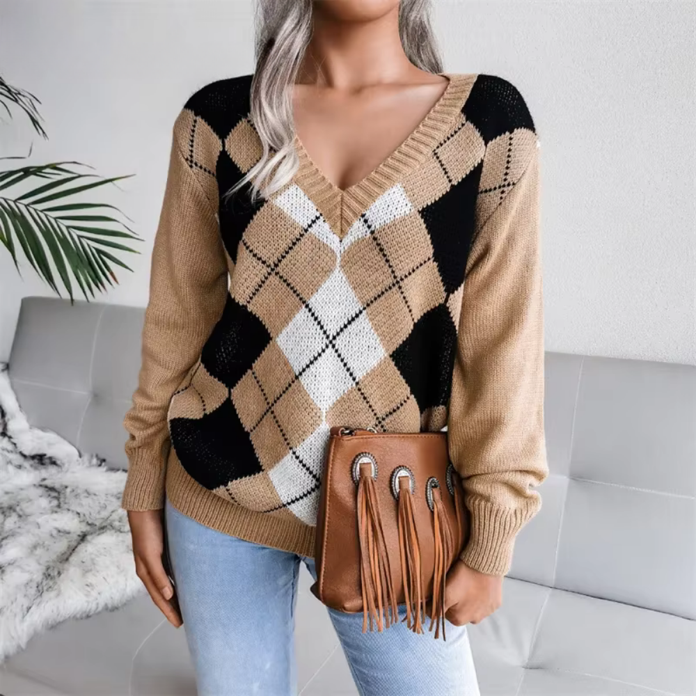 Strukturiertes V-Ausschnitt Strickpullover