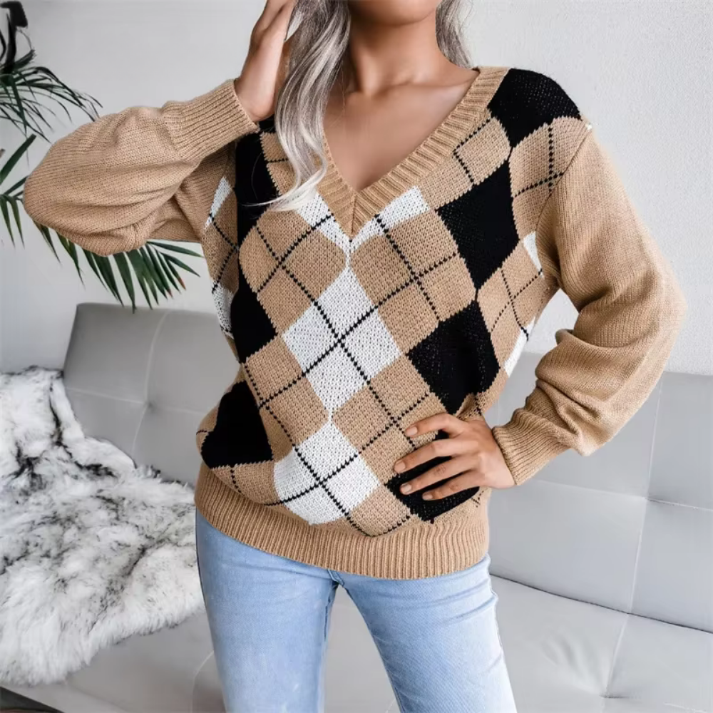 Strukturiertes V-Ausschnitt Strickpullover