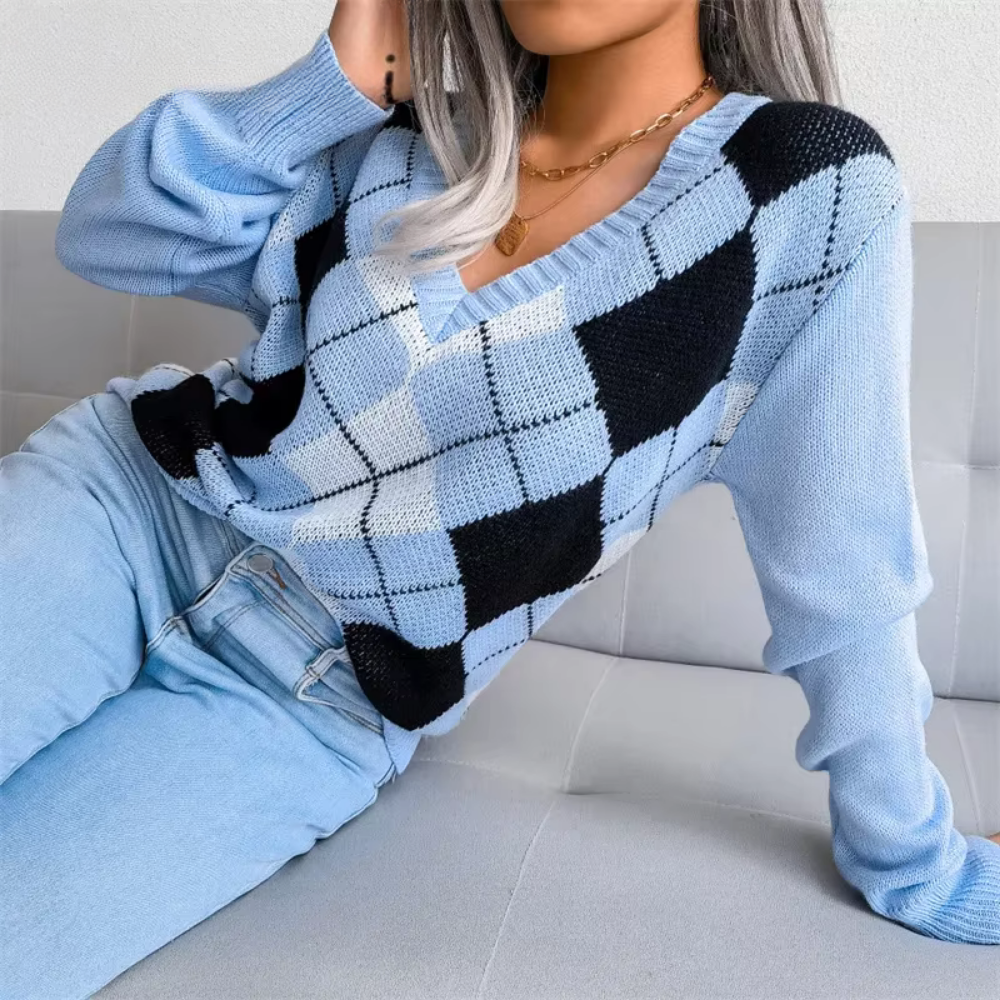 Strukturiertes V-Ausschnitt Strickpullover