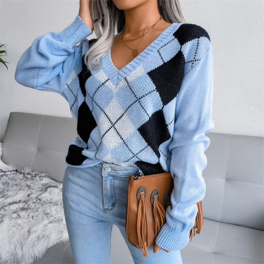 Strukturiertes V-Ausschnitt Strickpullover