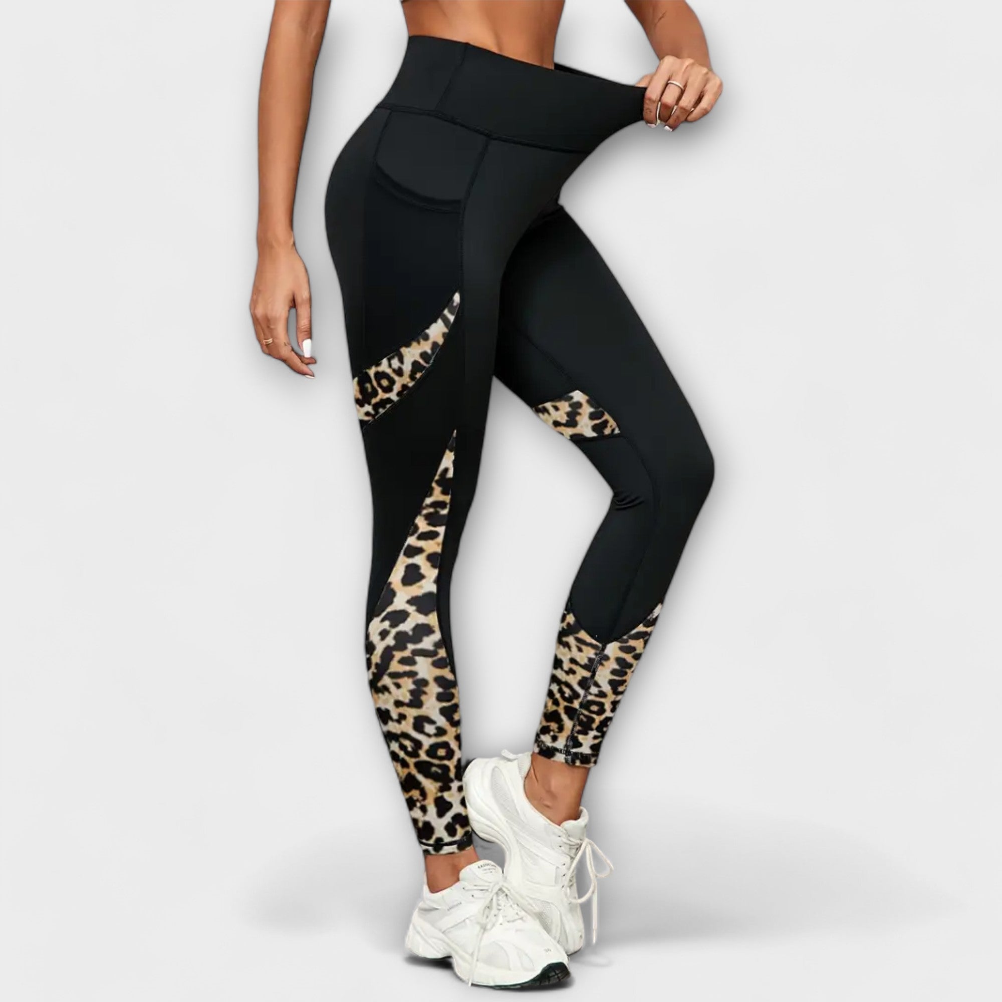 Hochtaillierte Leopard-Mesh-Trainingsleggings mit Taschen