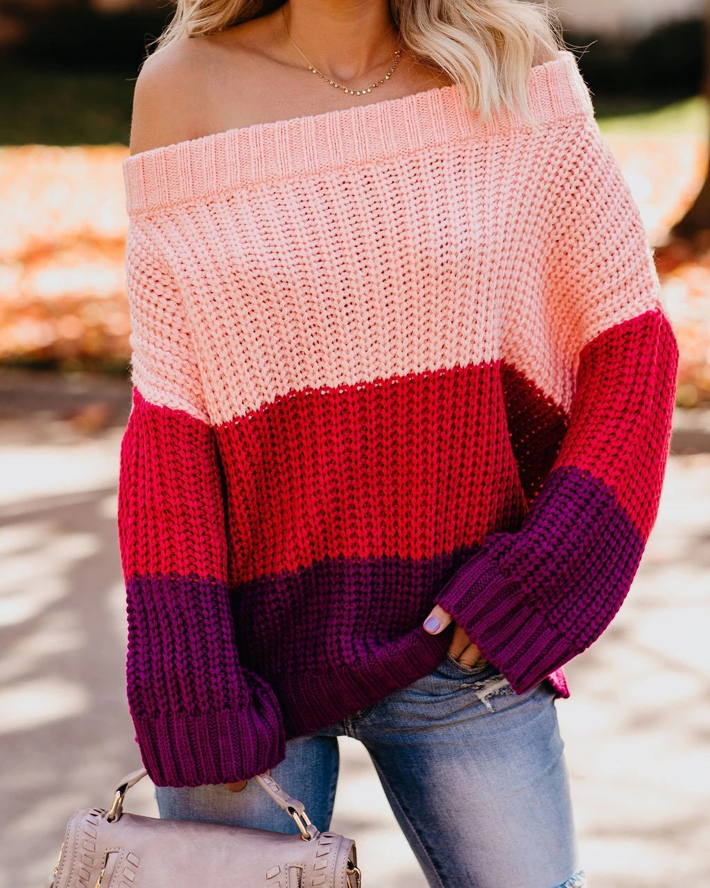 Damen Off-Shoulder Casual Langarm Pullover
