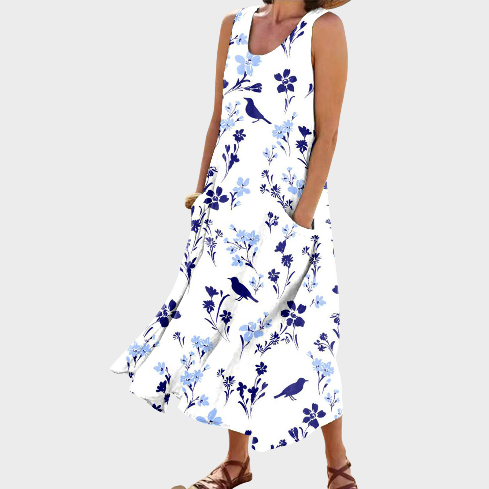 Maya – Blaues Vogel- und Blumen-Sommerkleid