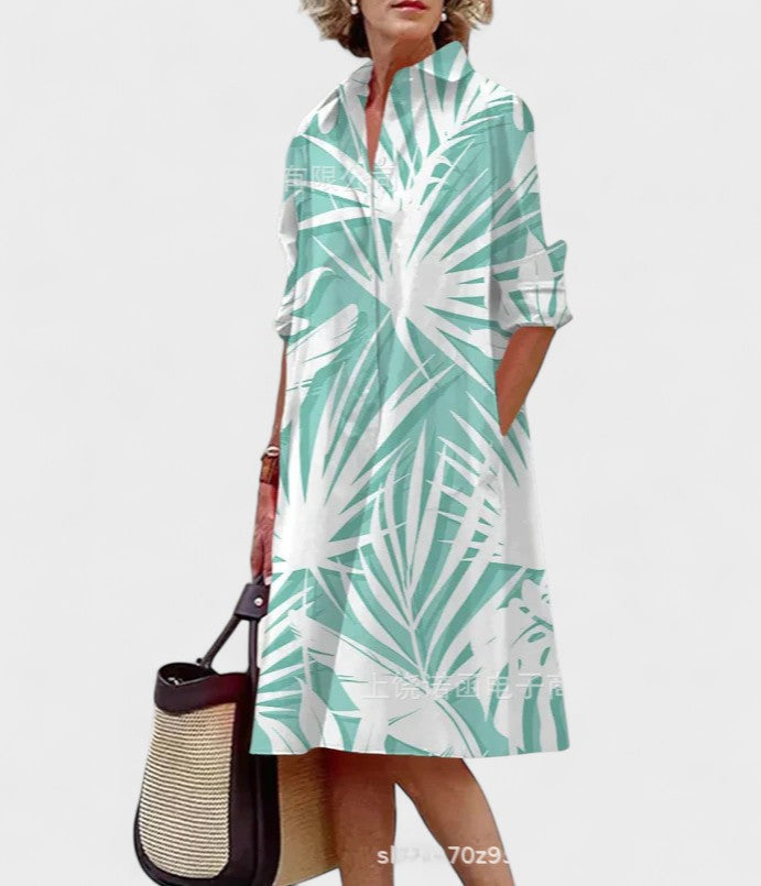Nara – Tropisches Blattmuster Hemdkleid