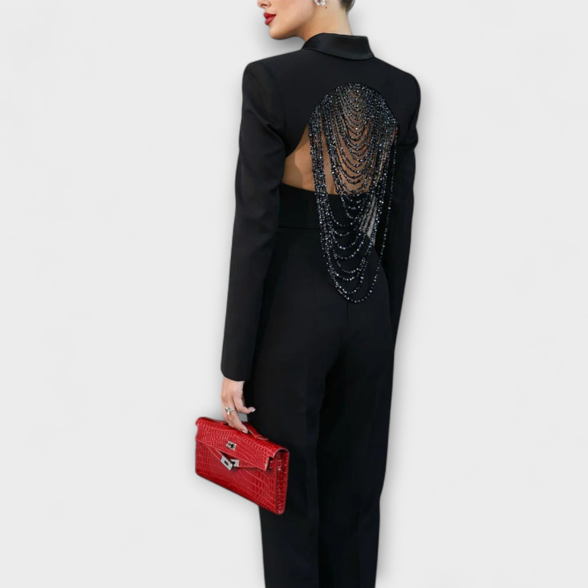 Noa - Schwarzes Perlenbesetztes Rückenfreies Kurzes Blazer Set Nora Zurich