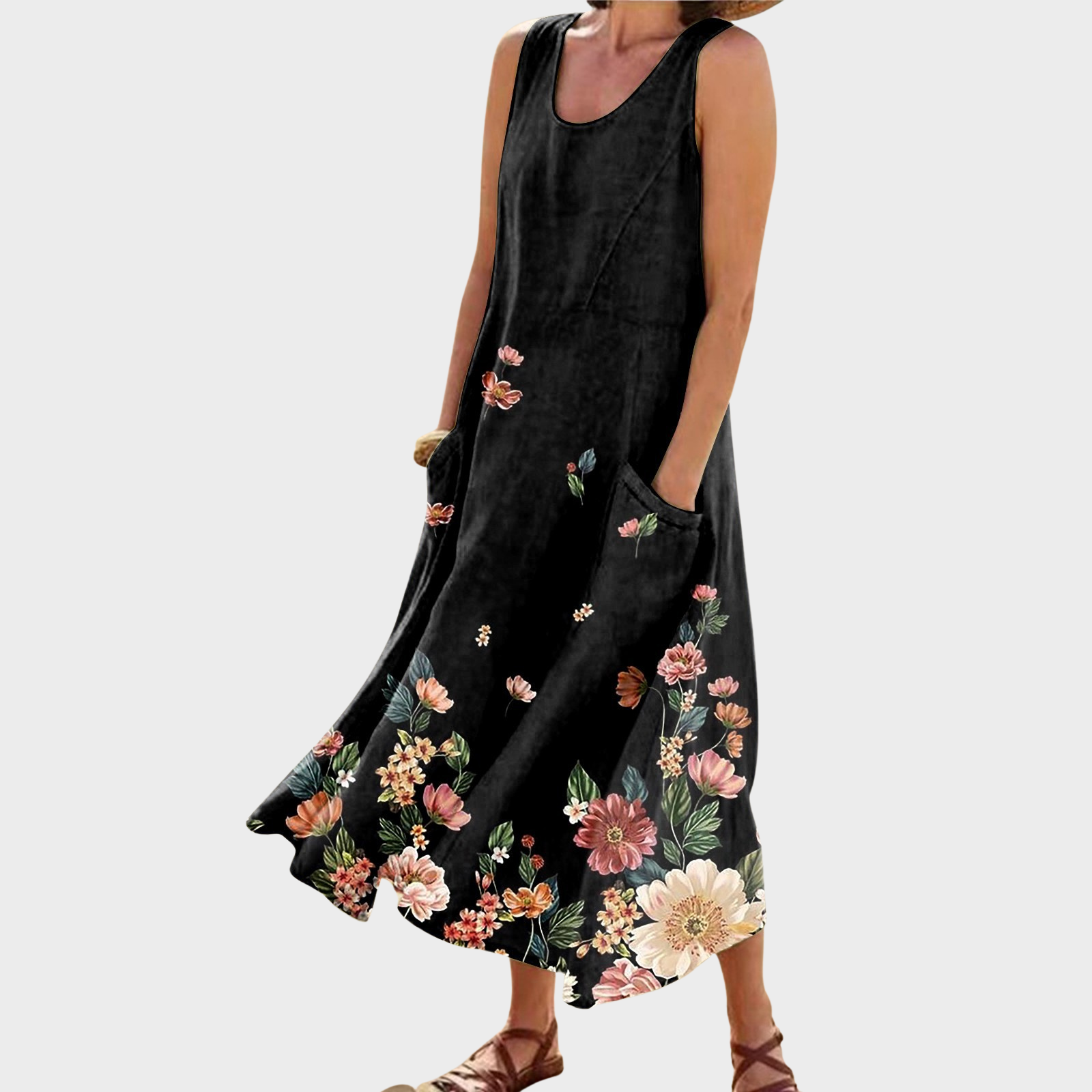 Vivian – Elegantes schwarzes Sommerkleid mit Blumenmuster