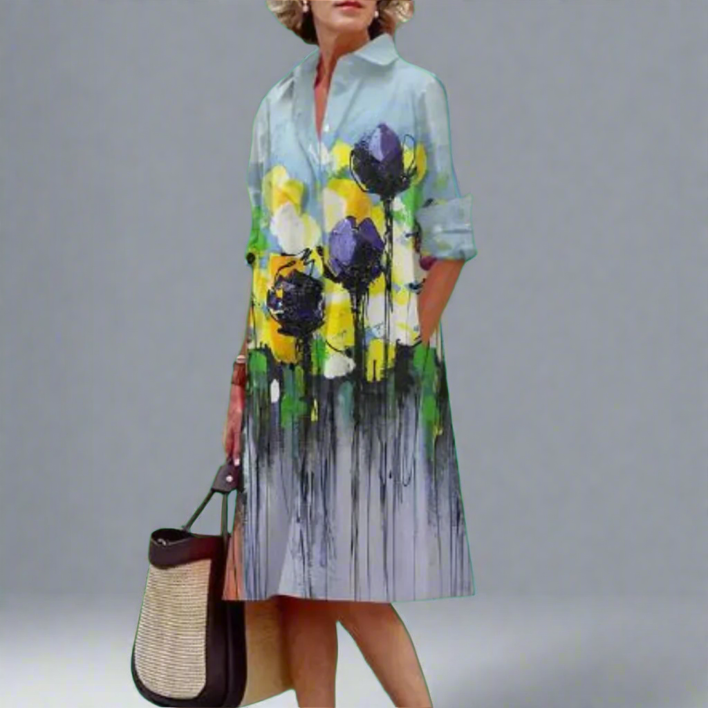 Rumi - Damen Midi-Kleid mit langen Ärmeln und floralem Crush-Effekt
