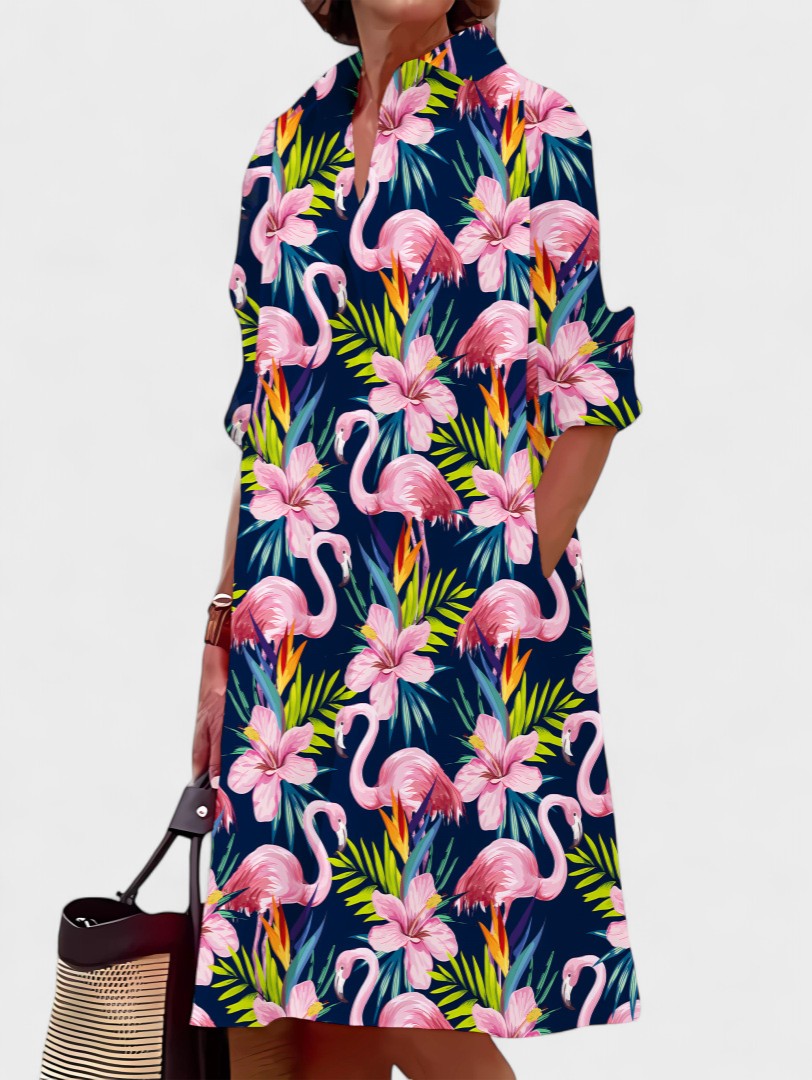 Naya – Flamingo & Hibiskus Tropenhemdkleid