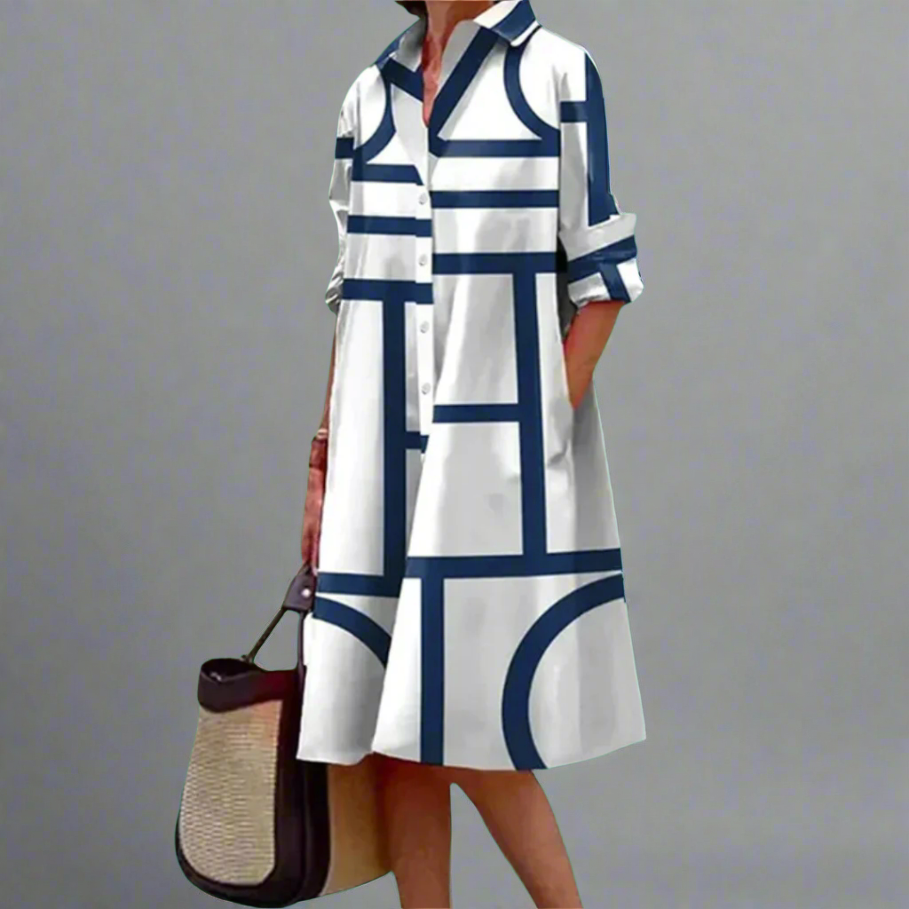 Cosima - Stilvolles Blaues Geometrisches Streifen-Midi-Kleid