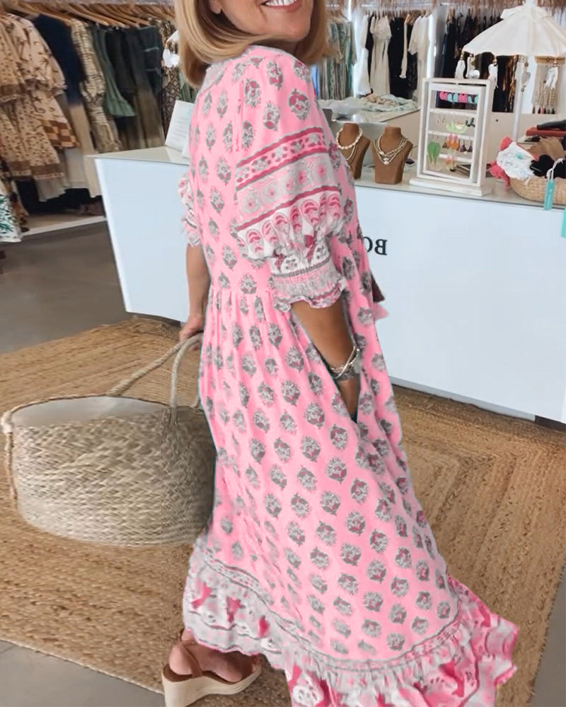 Rue - Lässiges bedrucktes V-Ausschnitt-Kleid mit halben Ärmeln