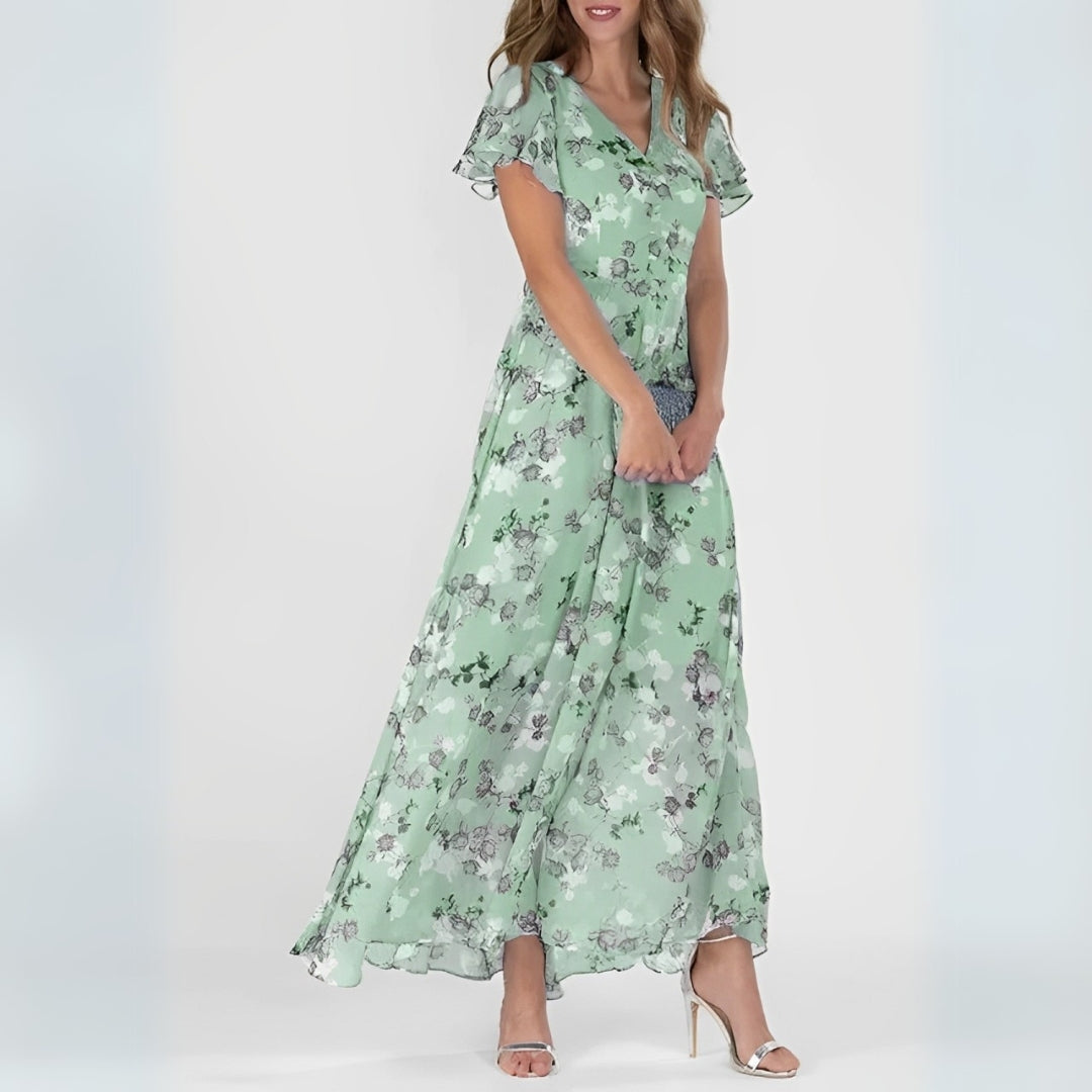 Saffron - Elegantes Rüschenshirt mit kurzen Ärmeln und fließendem Kleid