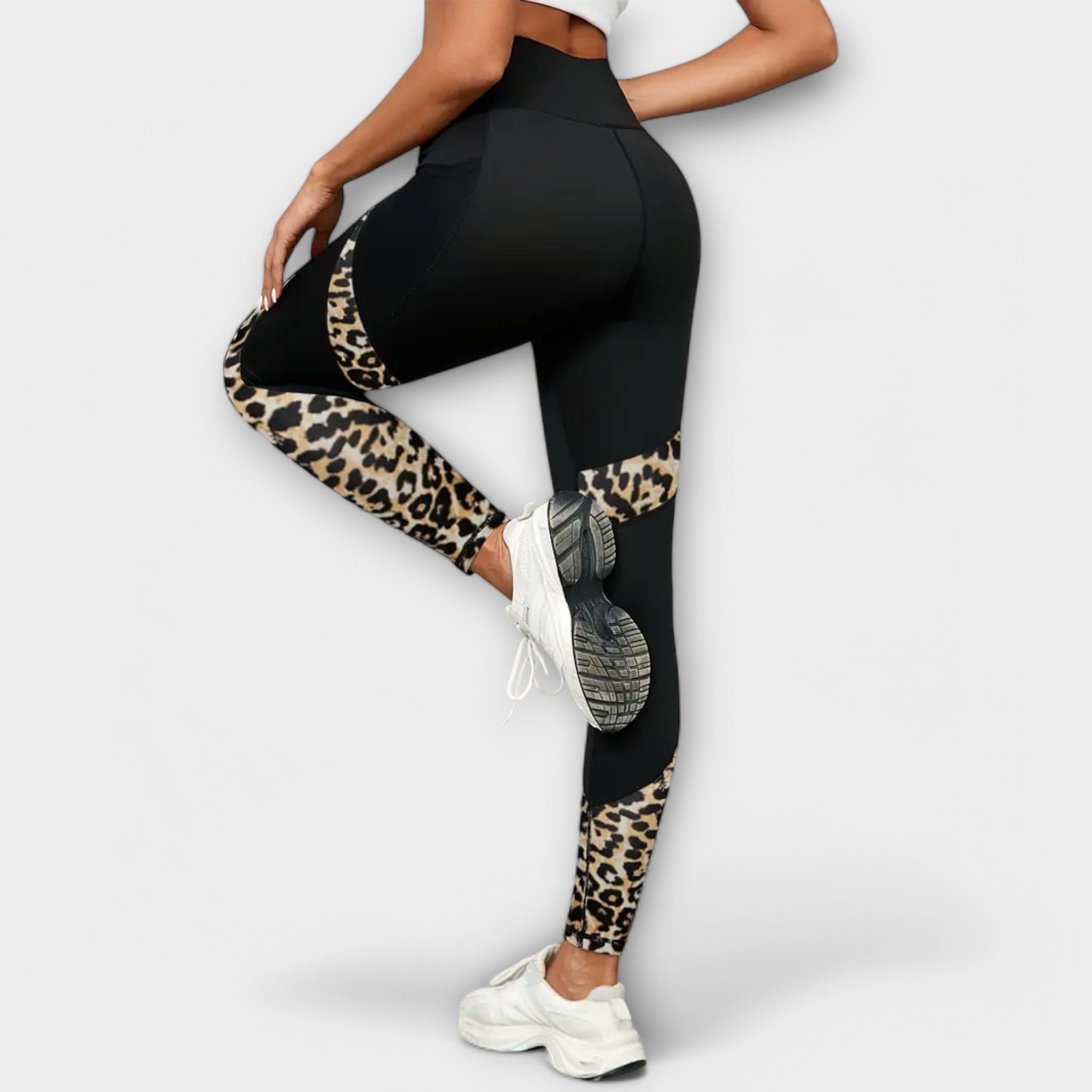 Hochtaillierte Leopard-Mesh-Trainingsleggings mit Taschen