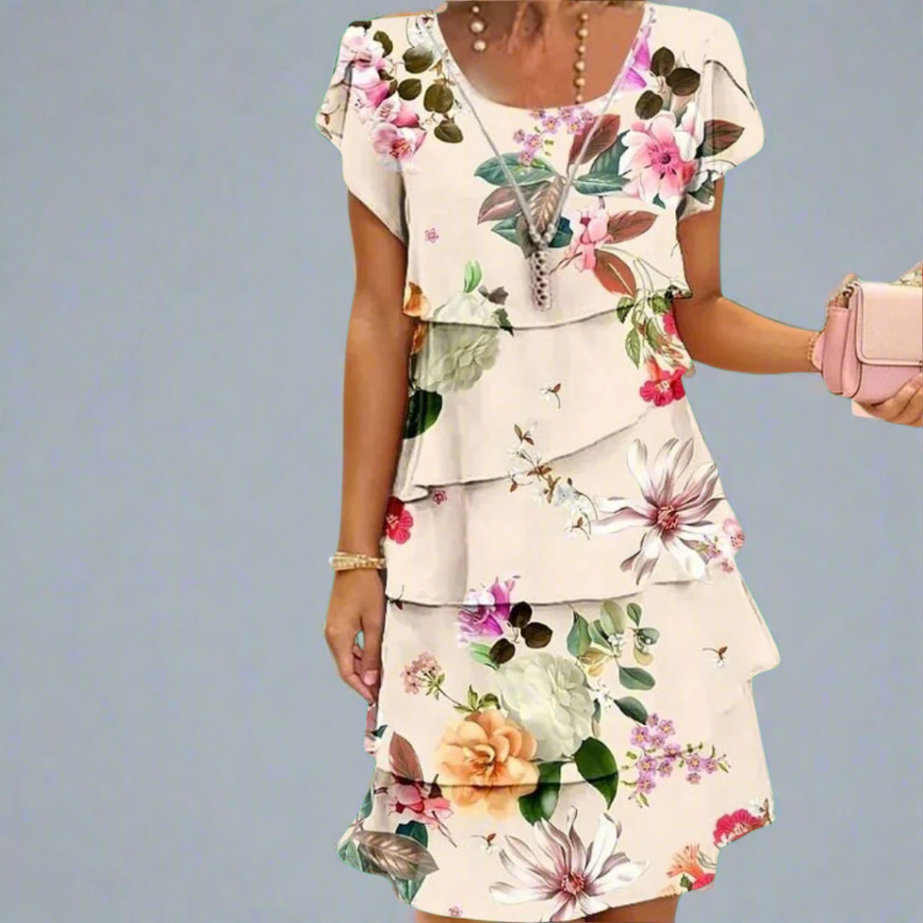 Sable - Floral Print Crew Neck Tiered Pleated Dress