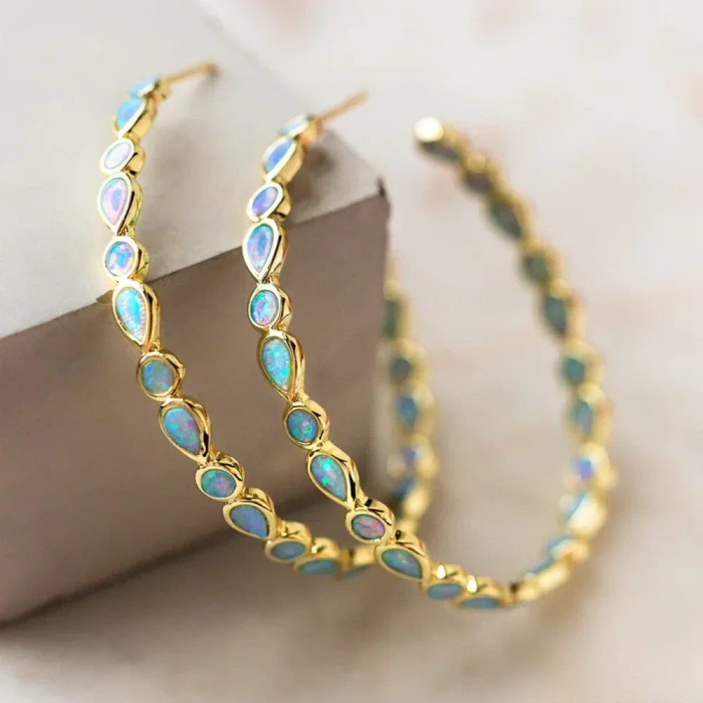 Vintage Goldene Creolen mit Blauem Opal