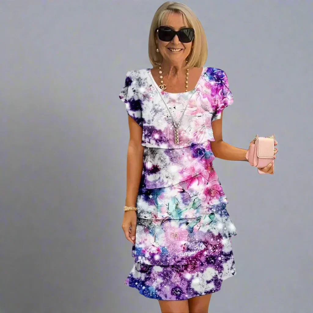 Sable - Floral Print Crew Neck Tiered Pleated Dress