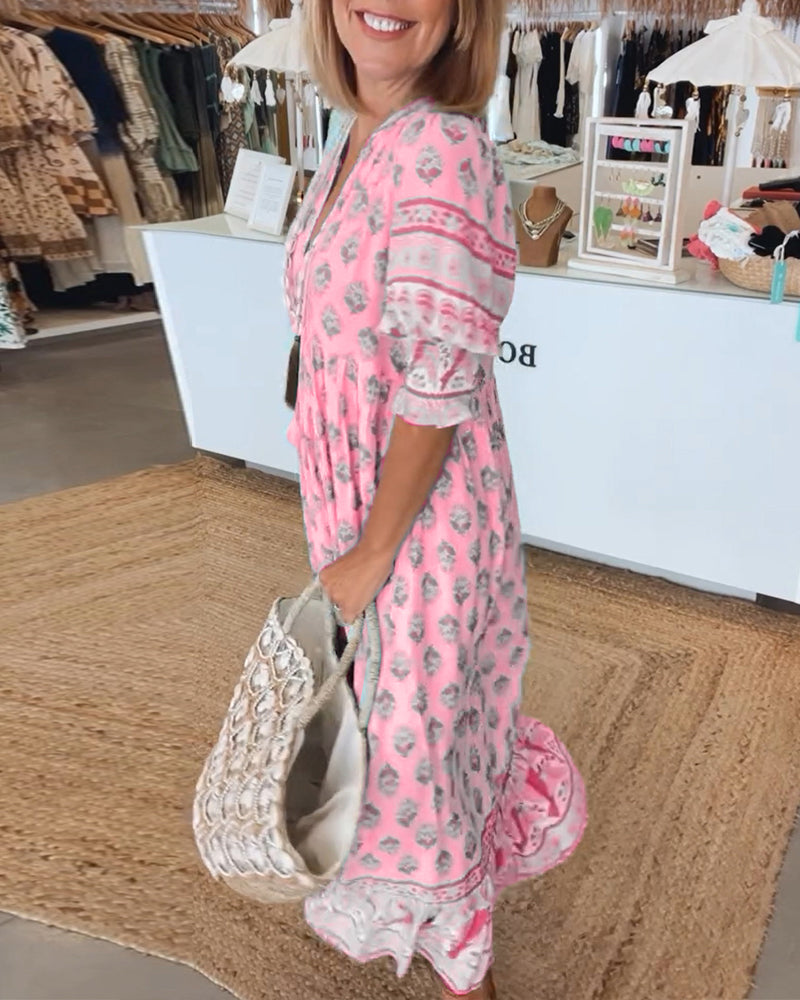 Rue - Lässiges bedrucktes V-Ausschnitt-Kleid mit halben Ärmeln