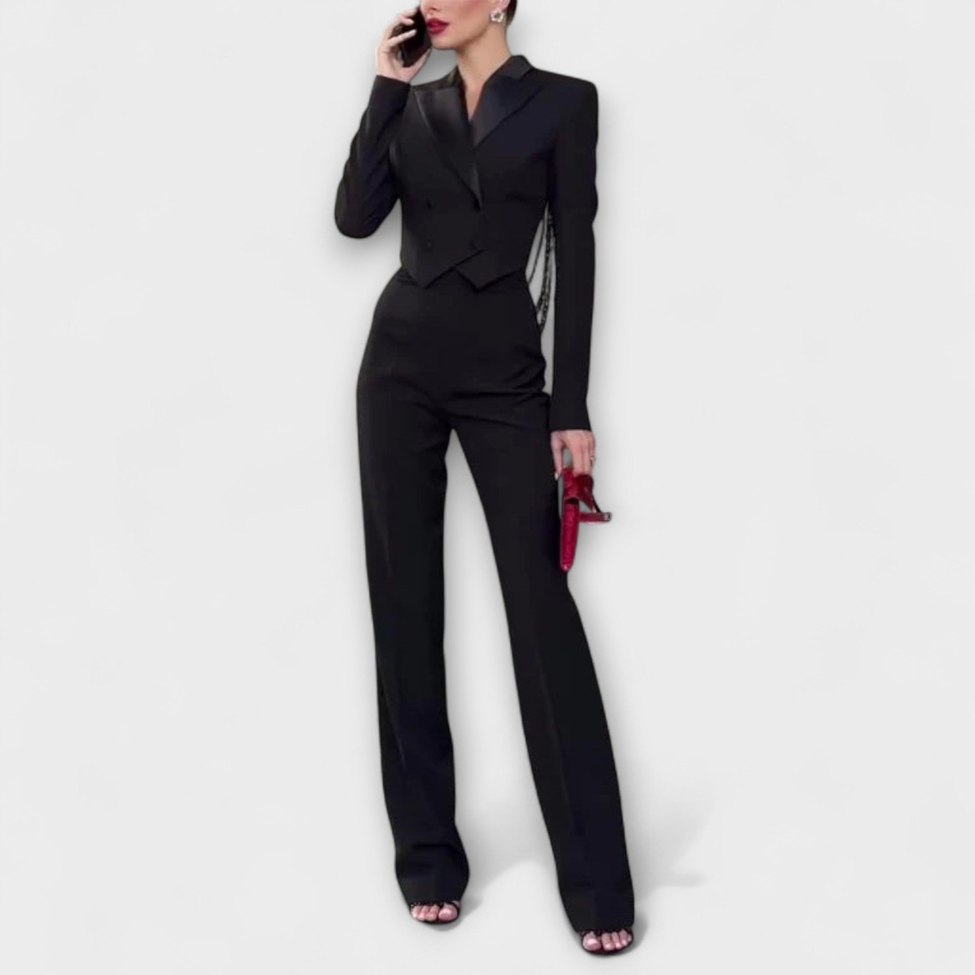 Noa - Schwarzes Perlenbesetztes Rückenfreies Kurzes Blazer Set Nora Zurich