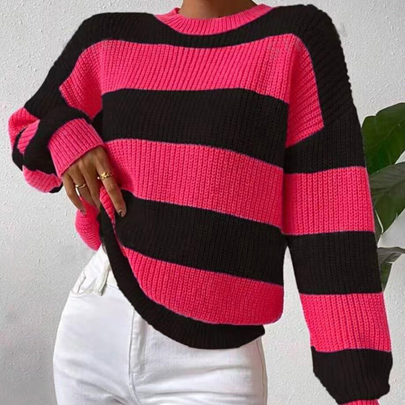 Damen Gestreifter Langarm Crew Neck Pullover