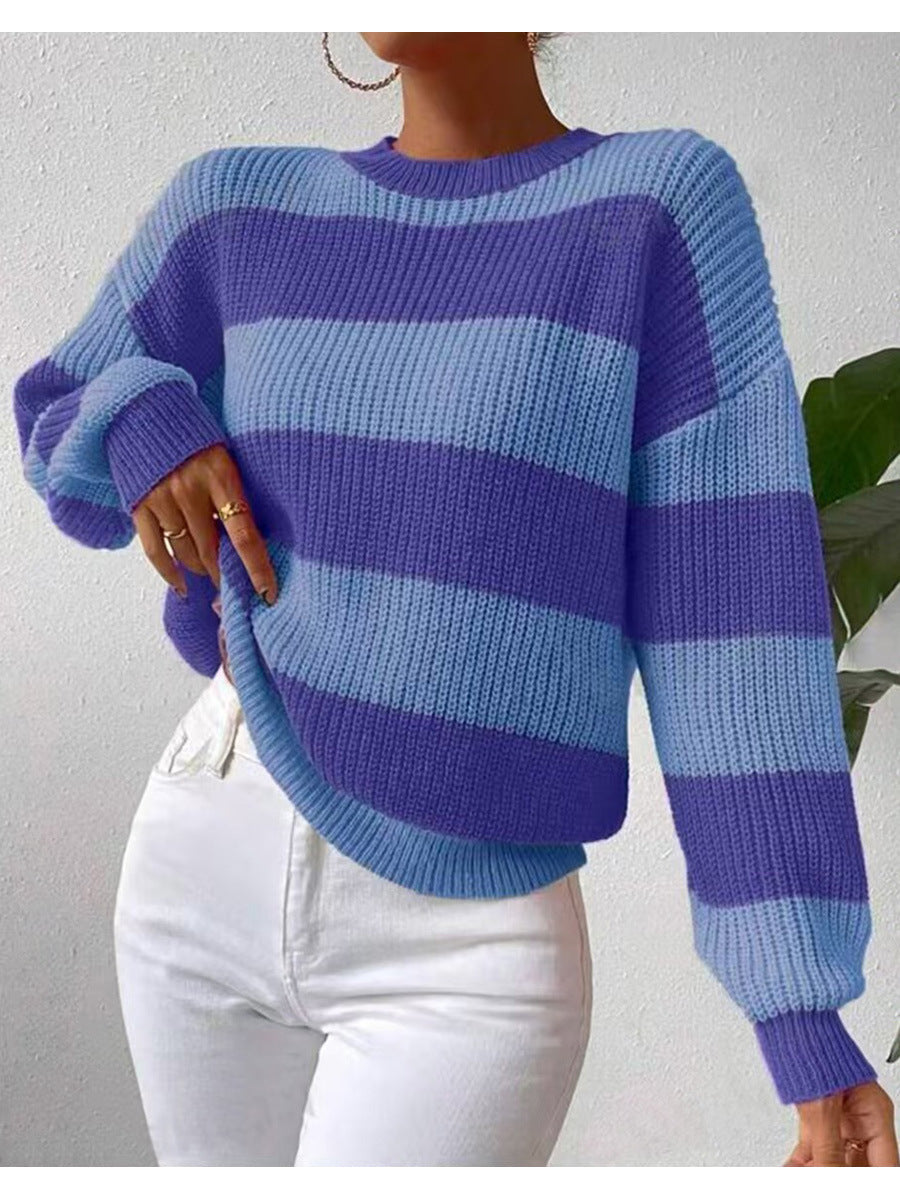 Damen Gestreifter Langarm Crew Neck Pullover