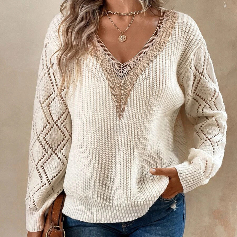 Damen V-Ausschnitt Langarm Gestrickter Pullover