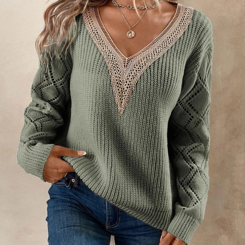 Damen V-Ausschnitt Langarm Gestrickter Pullover
