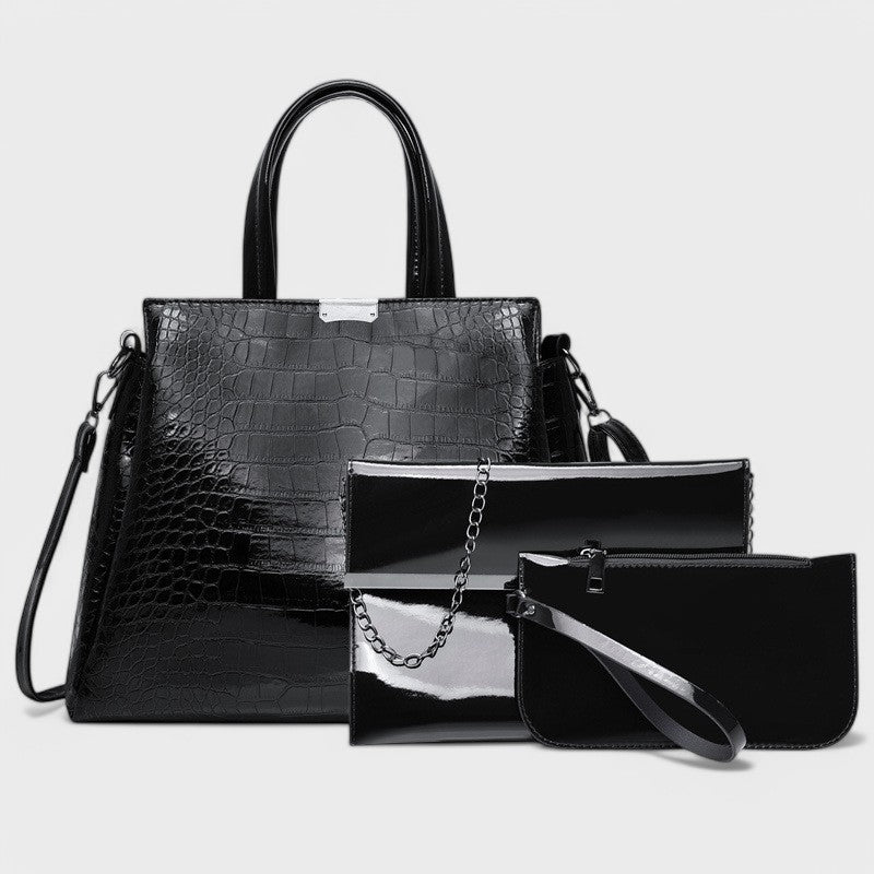 Nora. - Elegantes 3-teiliges schwarzes Krokodilleder-Taschen-Set