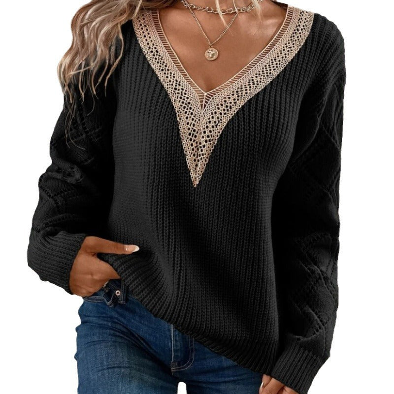 Damen V-Ausschnitt Langarm Gestrickter Pullover