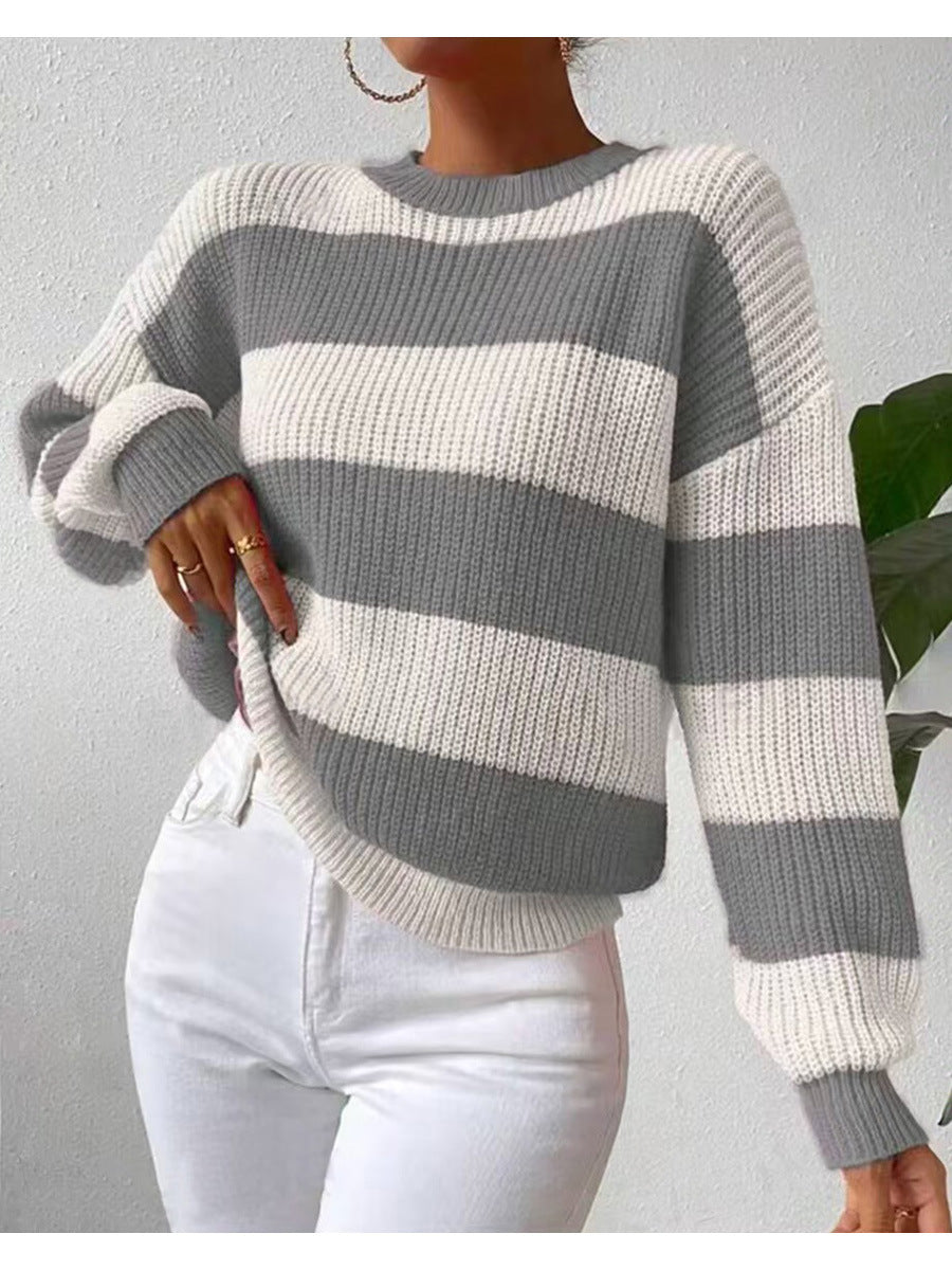 Damen Gestreifter Langarm Crew Neck Pullover