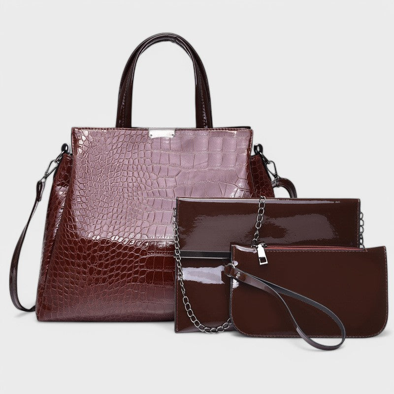 Nora. - Elegantes 3-teiliges schwarzes Krokodilleder-Taschen-Set