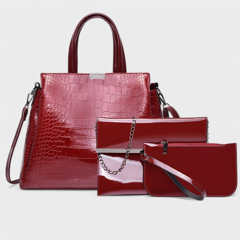 Nora. - Elegantes 3-teiliges schwarzes Krokodilleder-Taschen-Set