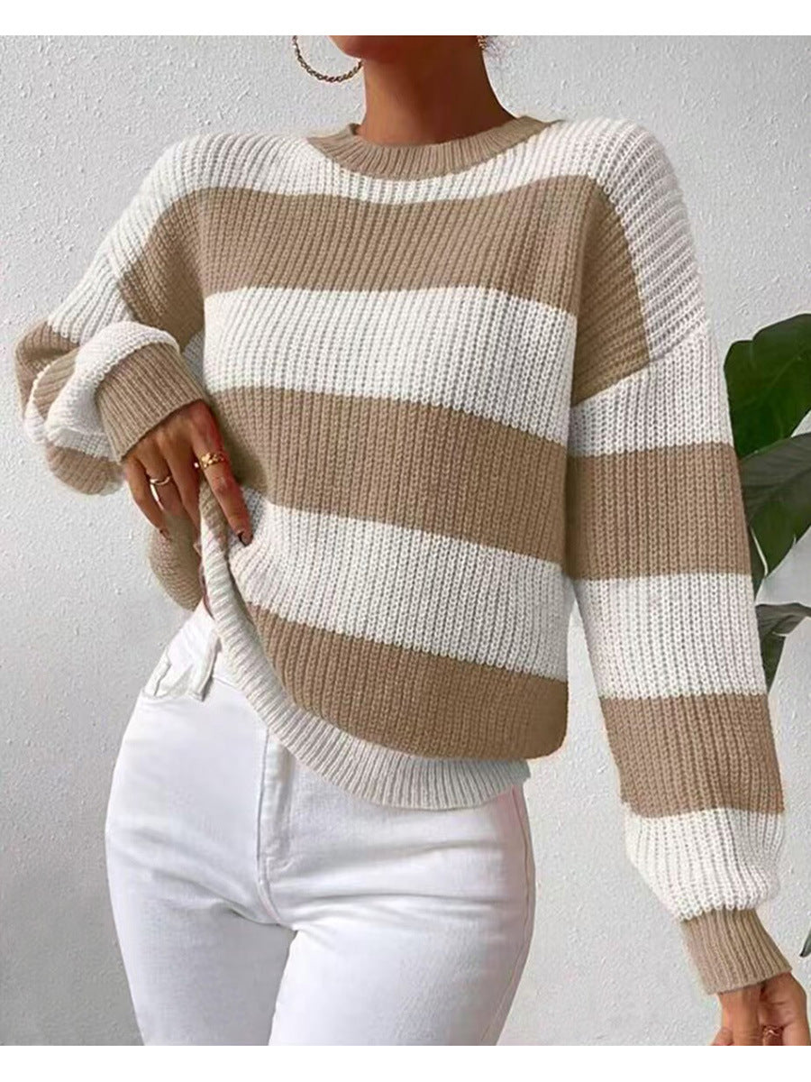 Damen Gestreifter Langarm Crew Neck Pullover
