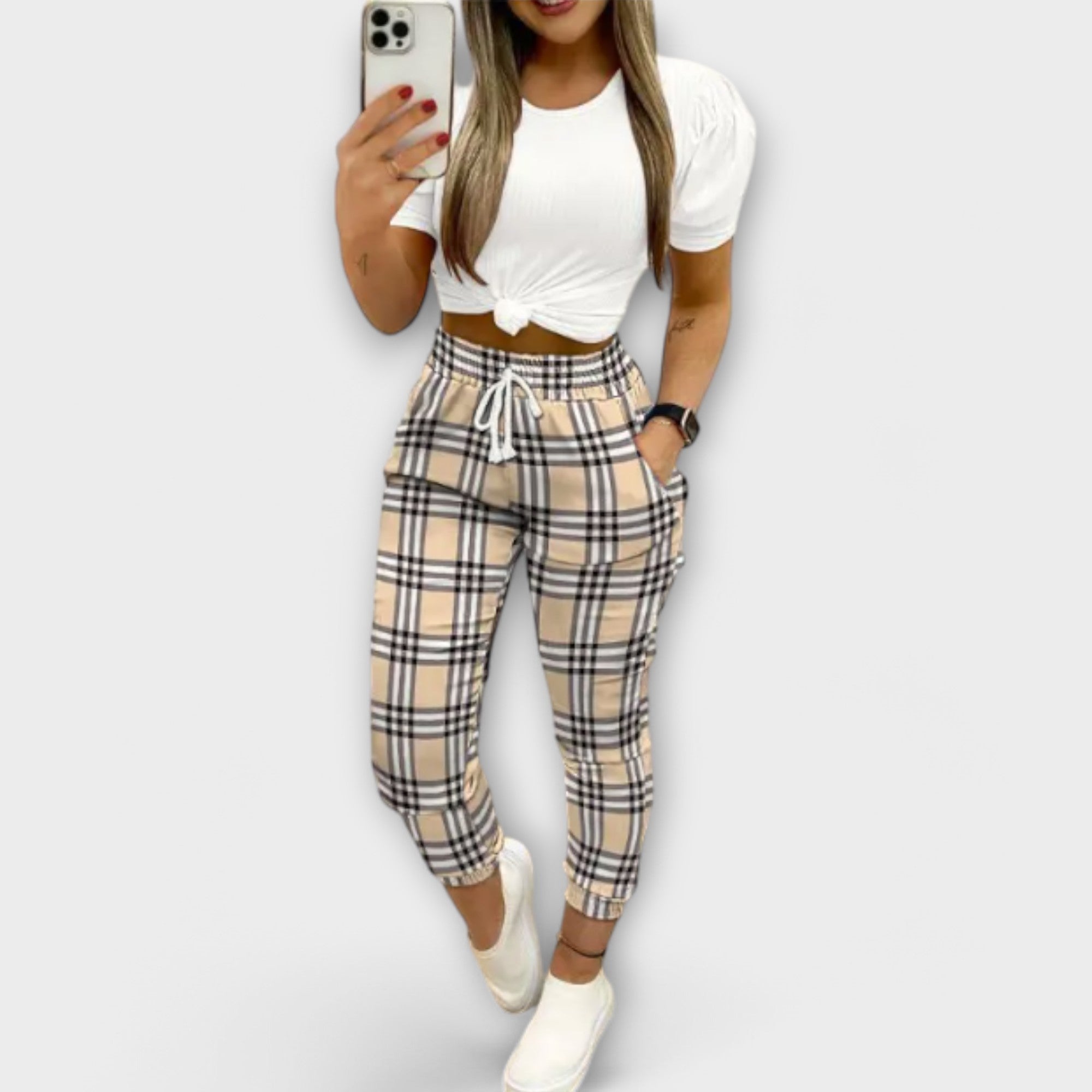 Zoe – Karierte Hose mit Kordelzug und Bündchen