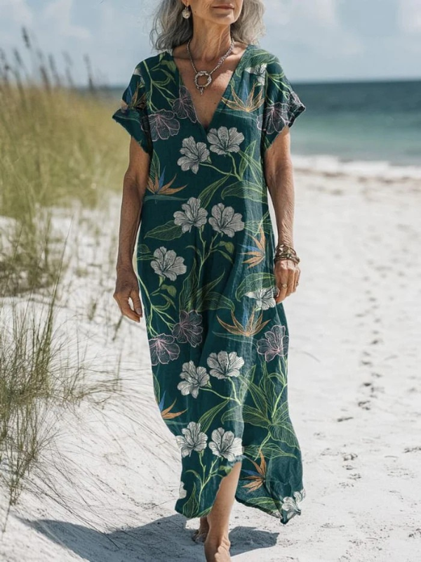 Kylie - Mitternachts-Tropenprintkleid mit Taschen