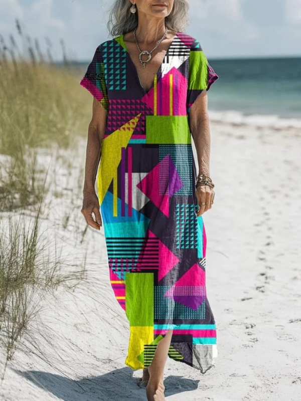 Julia - Auffälliges Cyberpunk Geometrisches Druckkleid mit Taschen