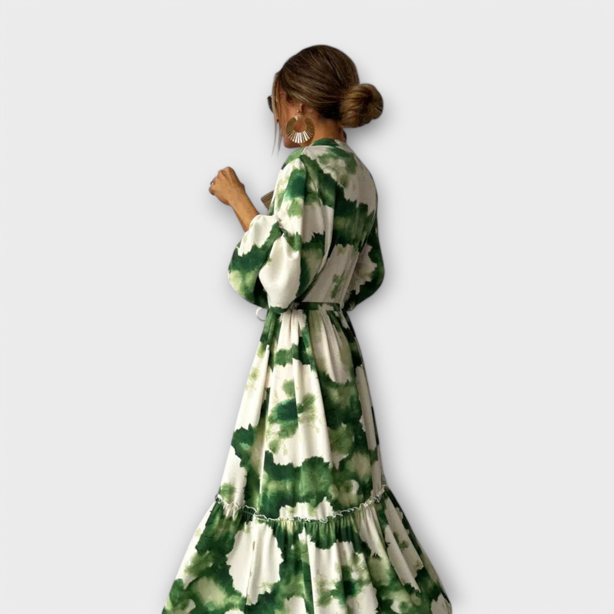 Melina - Grünes Maxikleid mit langen Ärmeln und V-Ausschnitt