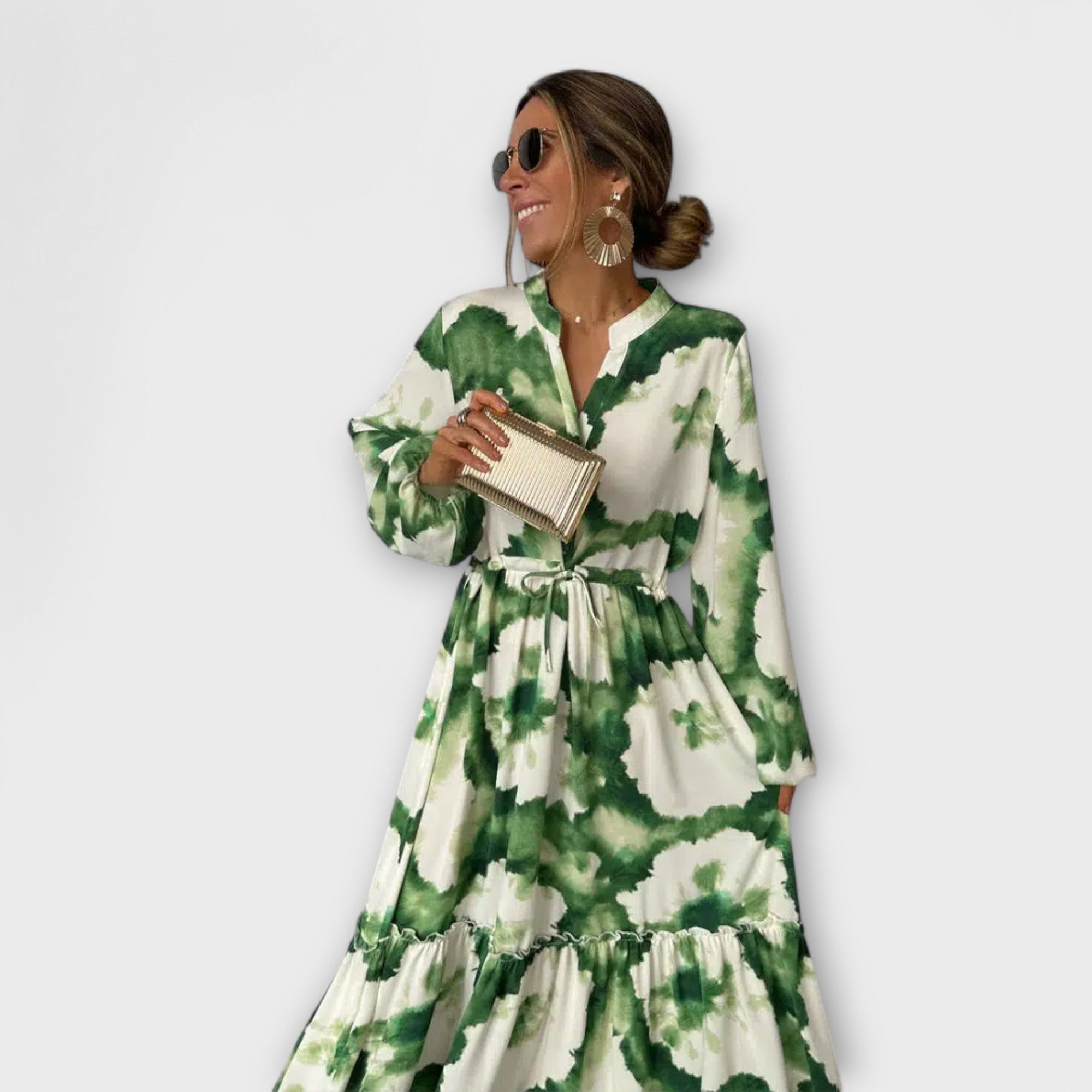 Melina - Grünes Maxikleid mit langen Ärmeln und V-Ausschnitt